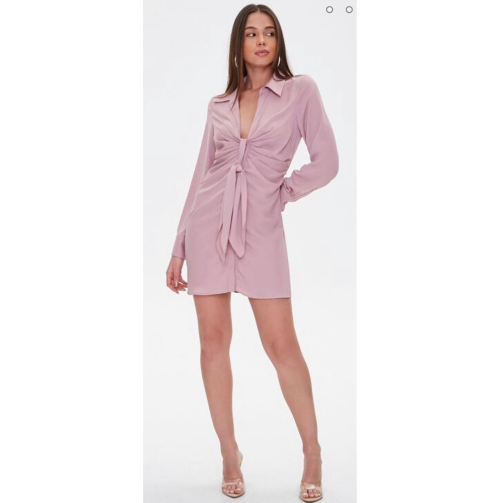 Mauve Pink Tie Front Collar Dress Dusty Rose Small - Picture 8 of 8